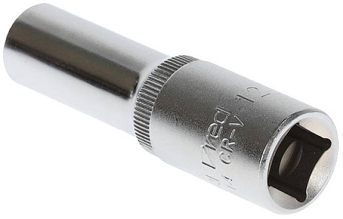 Metallic socket, cylindrical in shape, for use with a socket spanner or ratchet.