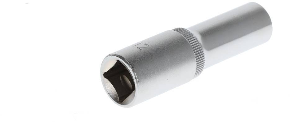 'Socket wrench', silver-coloured, hexagonal opening, cylindrical shape, suitable for screws and nuts.