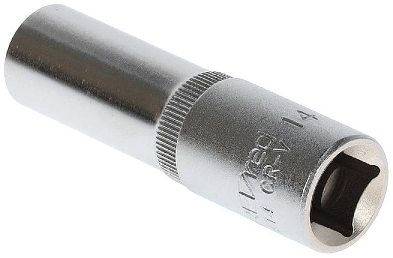 Socket insert, cylindrical, made of metal. Used for tightening or loosening nuts and bolts.