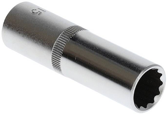 Silver socket drive with a knurled handle and round opening, marked with '13'. Used for tightening nuts.