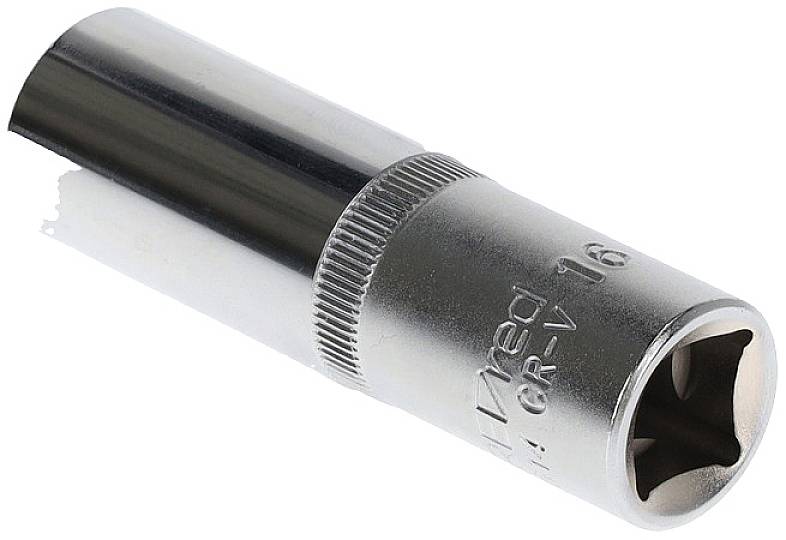 Metal socket attachment, CR-V 16 mm, suitable for screw work on machinery or in the vehicle sector.
