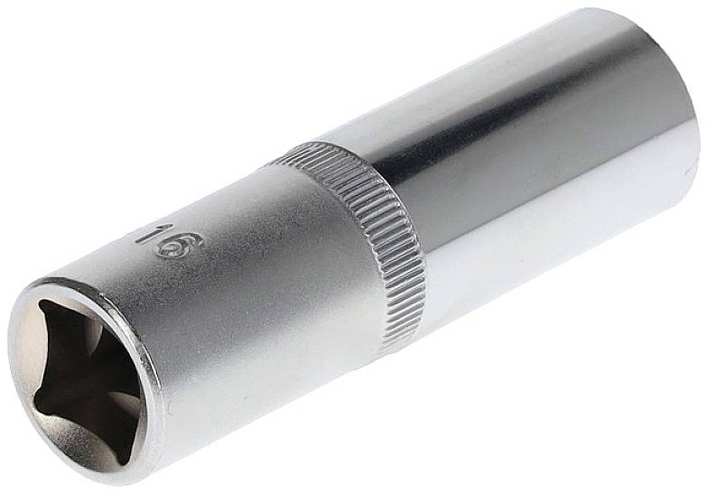 A silver cylinder-shaped pin badge with the number '16' engraved on it.