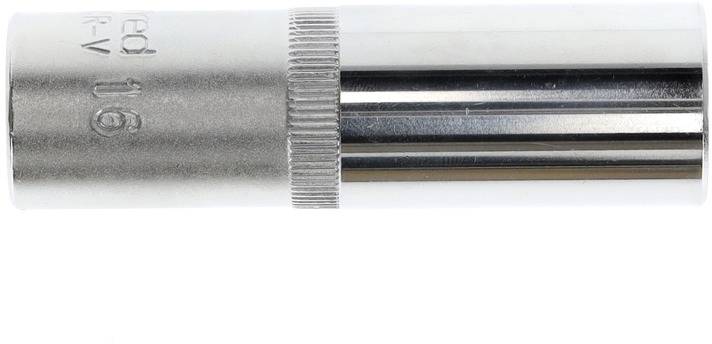 A metal socket attachment for a torque tool, cylindrical in shape, with a knurled structure for improved grip.