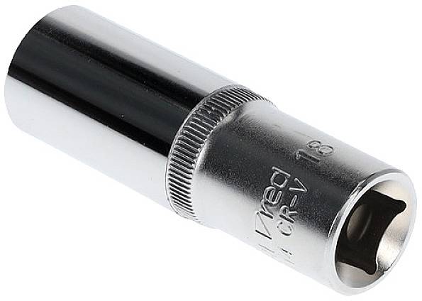 A chrome-plated socket attachment with '17 mm CR-V' engraved on it lies at an angle on a white surface.