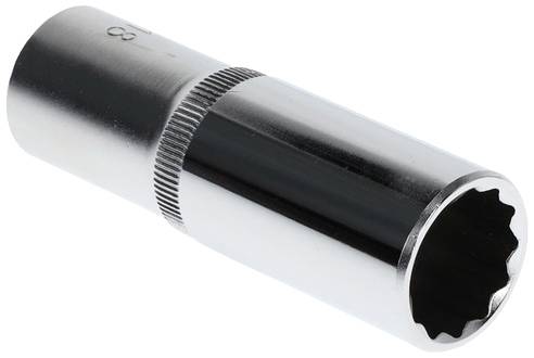 A chrome-plated socket spanner, cylindrical, with a knurled grip section, used for tightening and loosening screws.