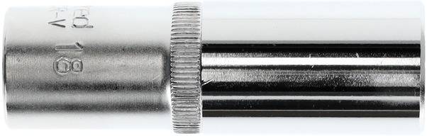 A silver knurled socket, used in tool manufacturing, with a knurled handle for better grip and marked size.