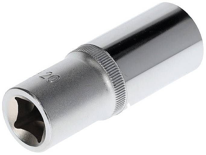 A silver socket extension with a knurled handle, on which the number '20' is engraved, lies horizontally.