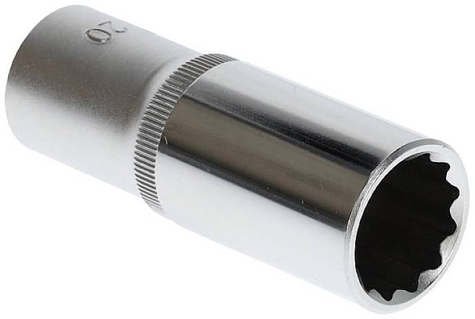 Metal socket wrench, hexagonal, bright silver, for screws and nuts.
