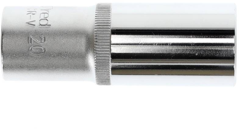 A silver socket wrench with a '20' size engraved, suitable for mechanical work. It has a knurled surface for better grip.