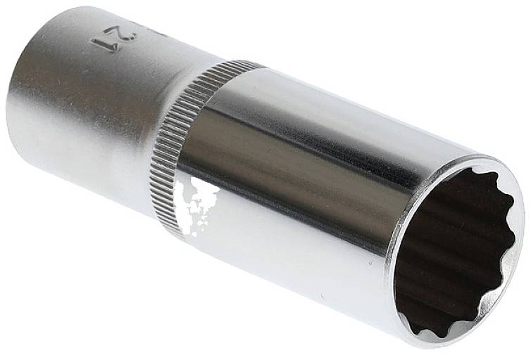 A silver-coloured socket key attachment with a ridged central section and rounded edges, suitable for screw nuts.