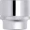 A silver, stainless steel socket attachment with a knurled edge for improved grip, suitable for screw-related tasks.