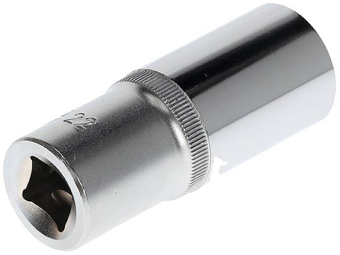 A metal socket with a square drive, shiny silver, suitable for mechanical work.
