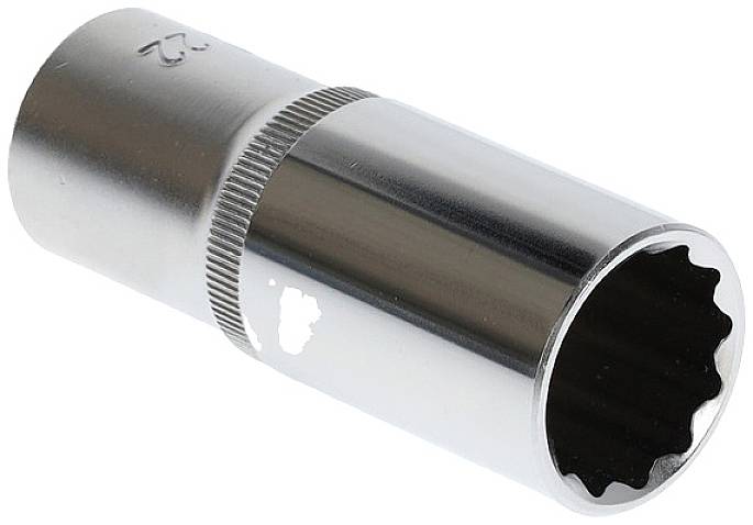 Metal socket key adapter with a knurled central section and twelve-sided opening, suitable for various screw sizes.