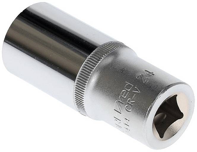 A metal socket, likely for a socket wrench set, with the inscription 'CR-V 24'.