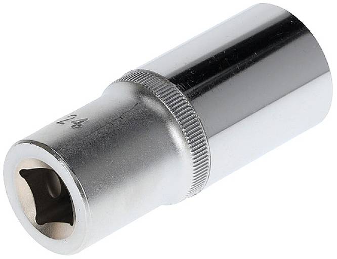Silver 24-mm socket, side view. Used for turning nuts and bolts with a torque wrench or ratchet.