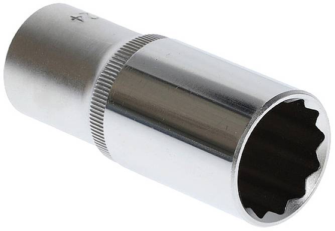'Chrome socket with knurled handle, cylindrical shape, suitable for workshop or repair use.'