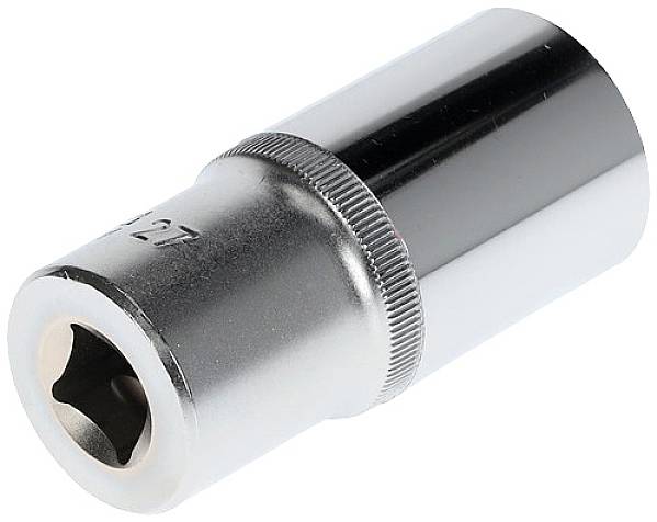 A silver socket wrench, cylindrically shaped, with a fluted edge, lies at a slightly angled angle.