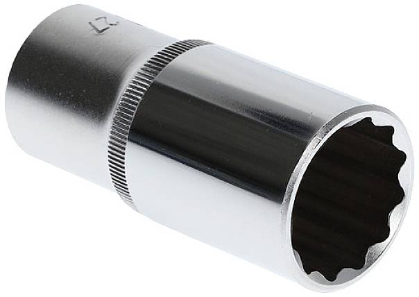 A chrome-plated socket in cylindrical form with twelve points, often used for loosening or tightening threaded connections.