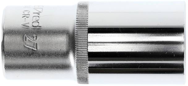 27mm silver-coloured socket wrench attachment made from chrome-vanadium steel, cylindrical shape, suitable for mechanical work.