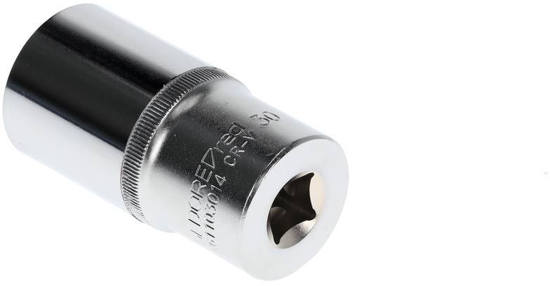 A metal socket with a shiny finish, commonly used for ratchets. It displays an engraving indicating size and material specification.