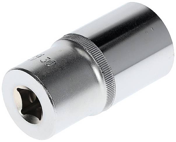 A chrome-plated socket attachment with a hexagonal opening, usable for nuts or bolts, lies at an angle on a surface.