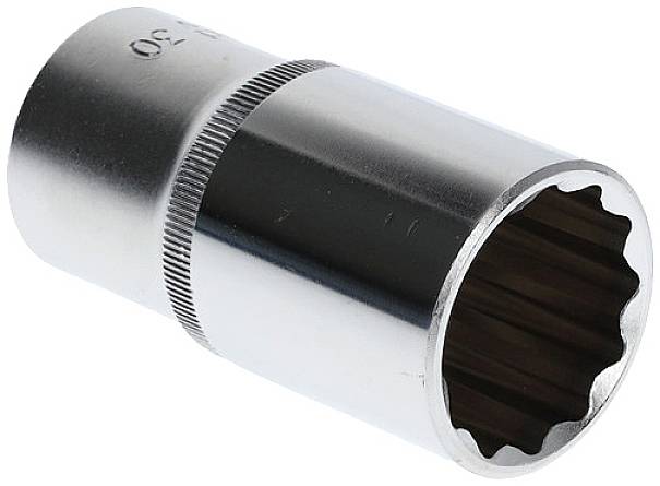 Silver-coloured metal socket with a knurled handle, used for screw-related work on cars or machinery.