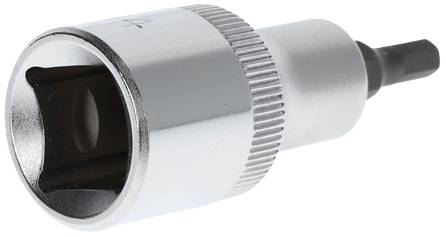 A silver hex key adapter with a knurled surface and hexagonal shaft.