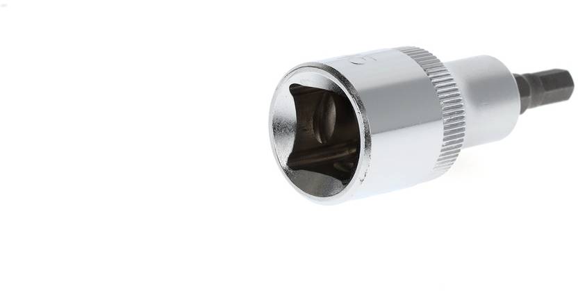 A silver socket wrench with an extension, lying on a white surface. Tool used for tightening or loosening screws and nuts.