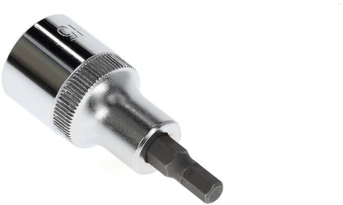 Metal socket attachment with a hexagonal end, used for screw work. Shiny surface and knurled edge.