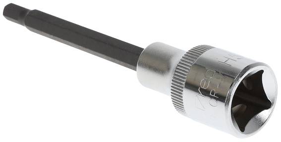 A hexagonal bit adapter made of metal, used for screw connections. Has a cylindrical head with a knurled handle for better grip.