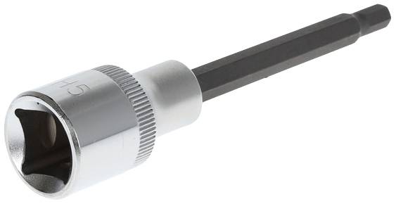 A hexagonal socket bit with a long shaft, manufactured from metal, for use with a screwdriver or ratchet.