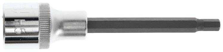 A silver hexagonal socket spanner with a long, black bit. Tool for fastening screws with an internal hexagonal profile.