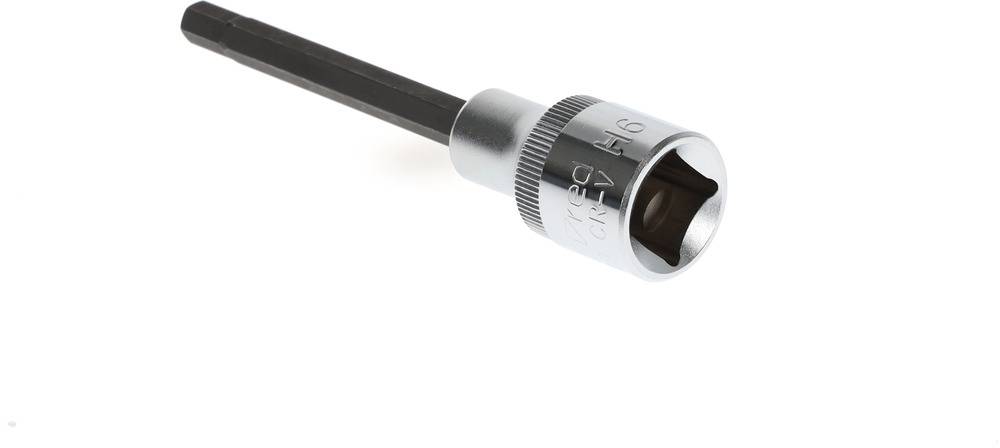 A silver hexagonal socket bit for hex screws on a white background.