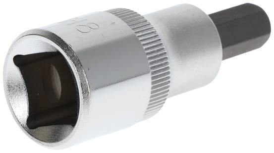 Hexagonal socket wrench, chrome-plated, with long hexagonal drive and knurled shaft for improved grip.