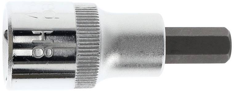 Metallic hex key with an internal hexagonal drive, set against a grey background. Used for assembly work and repairs.