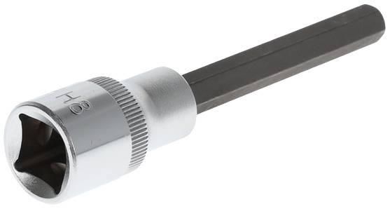 Hexagonal bit with socket attachment, suitable for manual or machine use for fastening and loosening screws.