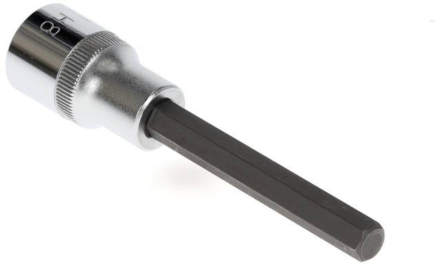 Metallic hexagonal socket key with a handle in a silver setting, suitable for loosening or tightening screws.