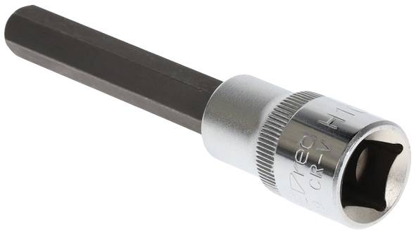 Hexagonal bit for socket wrench, silver metal body, black tip, used for screw work in workshops or DIY projects.