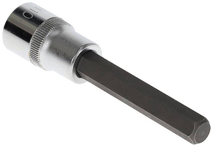 Hexagonal bit socket wrench in metal with non-slip grip, suitable for tightening or loosening screws and nuts.