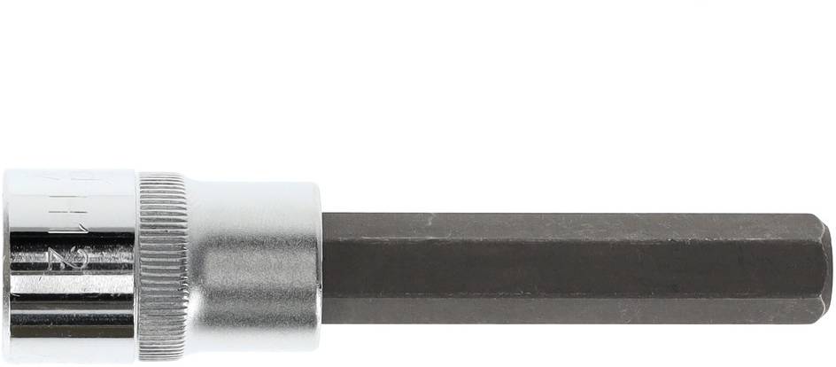A six-sided metal socket insert with a silver handle and black head, perfect for screw-related work.
