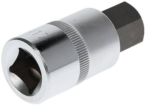 Six-sided socket spanner with a silver metal casing and black hexagonal insert, suitable for mechanical work.