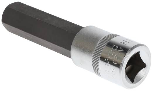 Hexagonal bit with a silver socket key attachment, used for loosening or tightening screws and nuts.