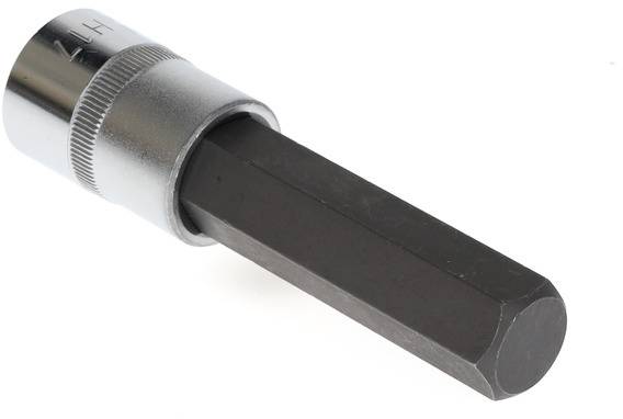 A silver socket key insert with a long black hexagonal head, suitable for specialised screw work.