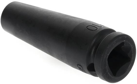 A black metal socket with a hexagonal opening. '10' is marked on the surface.