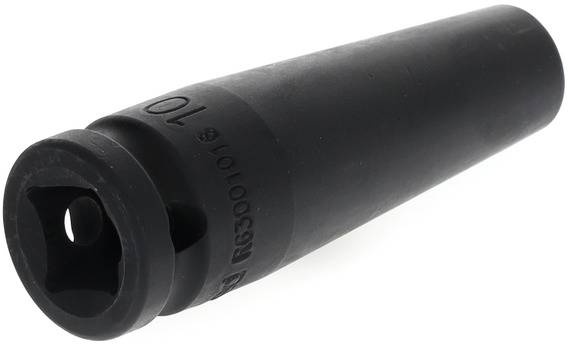 A black, cylindrical adapter with a square opening at one end, possibly for tools or machine parts.