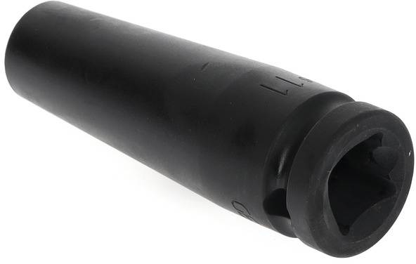 Black, cylindrical metal component with an open, tubular end, possibly a tool attachment or machine part.