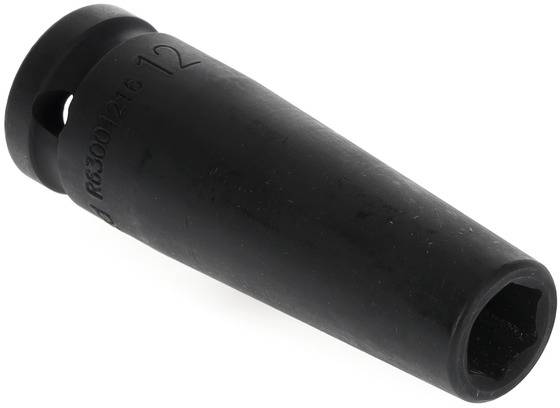A black, conically shaped metal socket insert, marked with 'R630012516 12', is lying on a white surface.