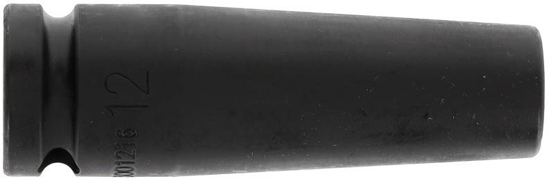 A black, conical metal attachment with a slit on one side. Marking '12' visible on the surface.