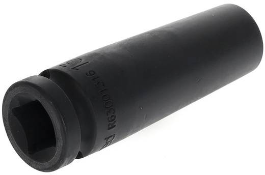 A black metal socket attachment, cylindrically shaped, with a square opening at the front end.