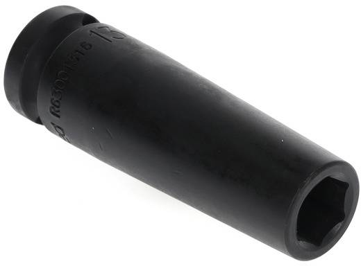 Black, cylindrical socket tool for mechanical work. Knurled grip surface and hexagonal opening. Used for screw-related tasks.